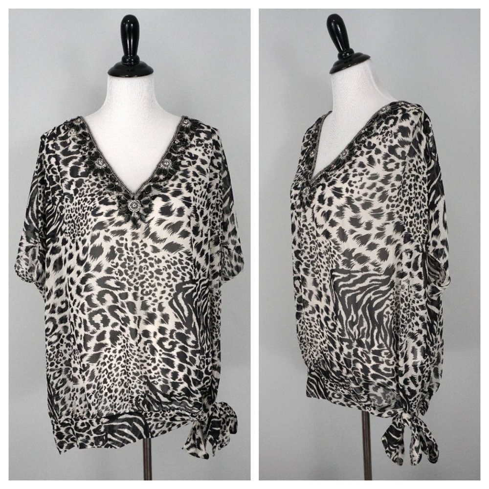 MARINA RINALDI Black White Cat Animal Print V-Neck Beaded Silk Blouse Top 29 XL